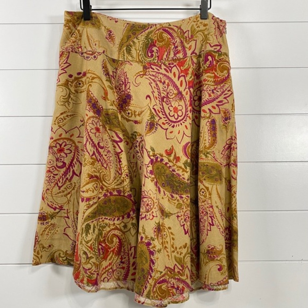 Lauren Ralph Lauren Womens 100% Linen Paisley Midi Skirt sz‎ 10 Tan Boho Whimsy